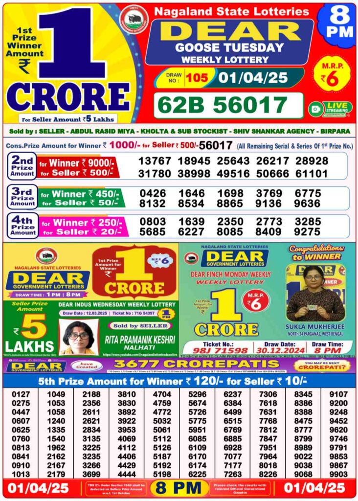 Nagaland State Lottery Sambad for 01.04.2025