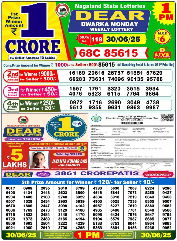 Nagaland State Lottery Sambad Results 30.06.2025, DEAR DWARKA MORNING, Draw: 1PM